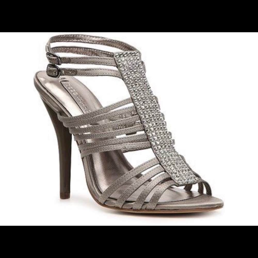 BCBGMaxazria KARA Taupe Satin Heels Rhinestone Strappy‎ Sandals 8 1/2 Stilettos